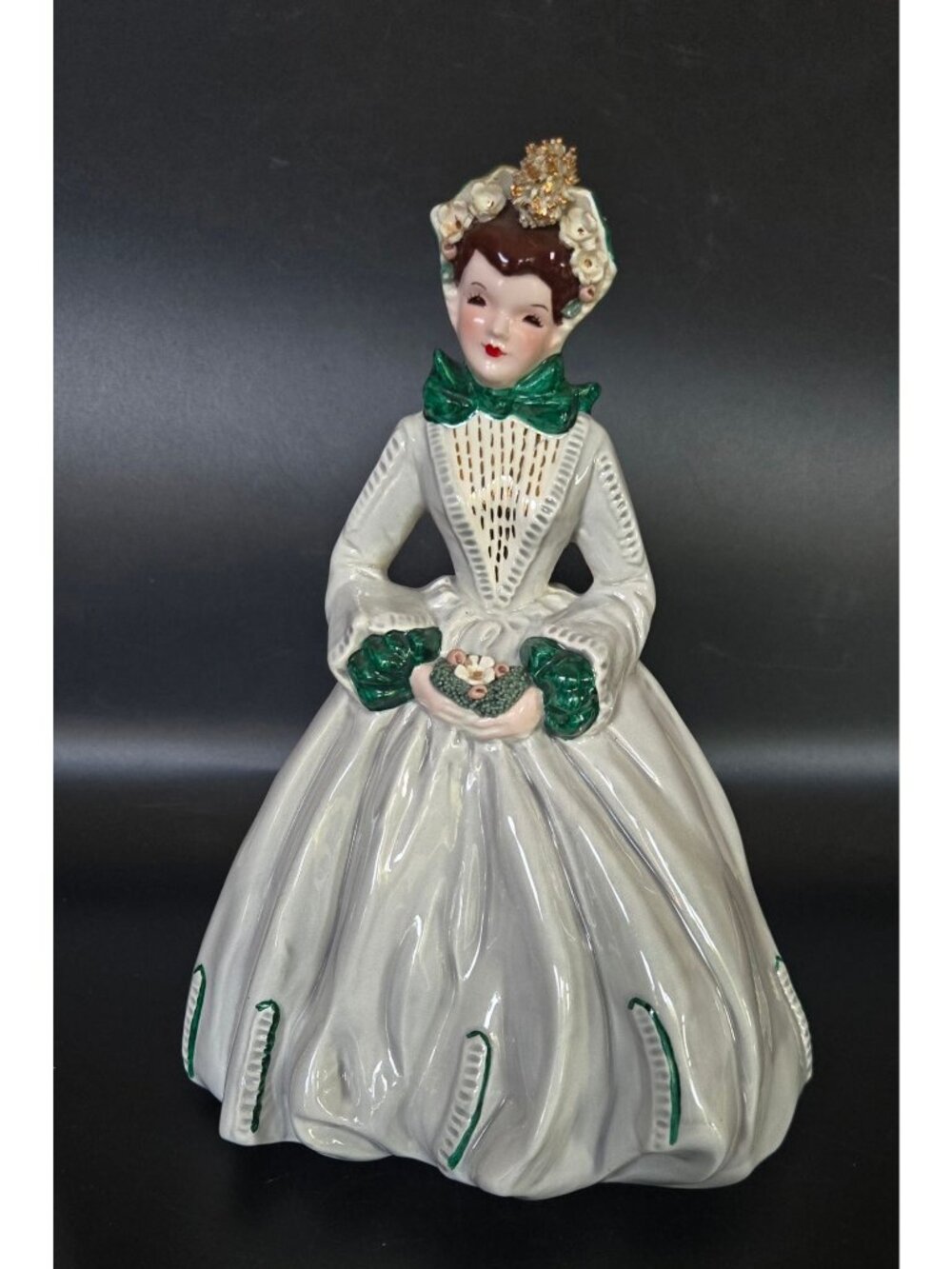 Vintage Florence Lady Figurine Sue Ellen Green Accents & Floral Details 8" Tall